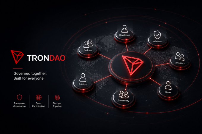 A promotional graphic for TRONDAO featuring the tagline "Governed together. Built for everyone." with a network diagram connecting Developers, Validators, Investors, Users, Community, Builders, and Partners.