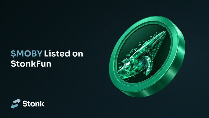 The image is a promotional graphic announcing "$MOBY Listed on StonkFun," featuring a green 3D coin with a whale emblem on the right and the Stonk logo at the bottom left, tying into the post's announcement of whale-themed coin launching on the StonkFun platform.
