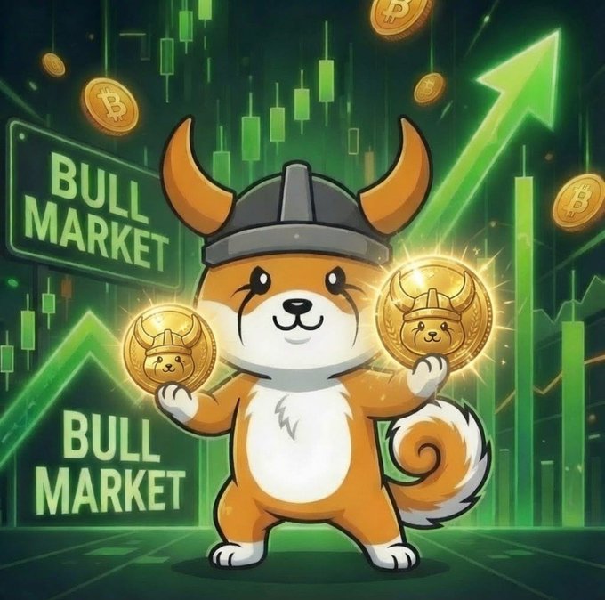 A bullish crypto meme featuring a cartoon dog wearing a Viking helmet holding two gold coins, surrounded by green candles and 'BULL MARKET' signs.