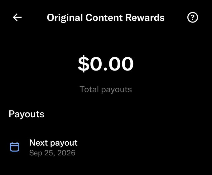 An 'Original Content Rewards' screen showing '$0.00 Total payouts' with a 'Next payout' scheduled for Sep 25, 2026.
