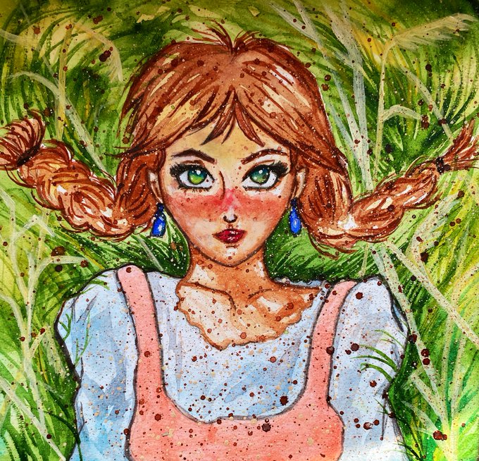 A watercolor painting of a young girl with red braided pigtails, striking green eyes, and blue teardrop earrings standing in tall grass.
