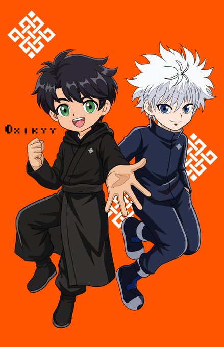 Orange-background anime-style illustration of two chibi characters—one with black hair in a black robe and green eyes (labeled '0xikyy'), and another with white hair in a dark blue outfit—posed dynamically with white geometric knot symbols.