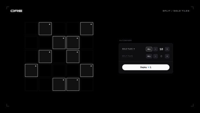 The image displays a dark-themed game interface titled "ORE" with a grid of square tiles on the left and an "AUTOMINER" control panel on the right showing "SOLO TILES" set to "ALL 10" and "SPLIT TILES" set to "ALL 0," along with a "Deploy x 1" button. The visible tile assignments in the grid illustrate the post's message about split/solo tile assignments being shown at the start of each round, helping players strategize their mining approach.