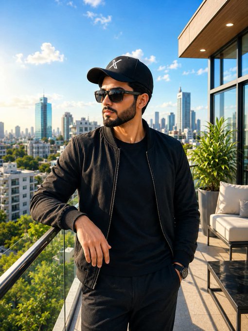 A photo of a man wearing a black cap, sunglasses, and a black bomber jacket, standing on a balcony overlooking a city skyline.