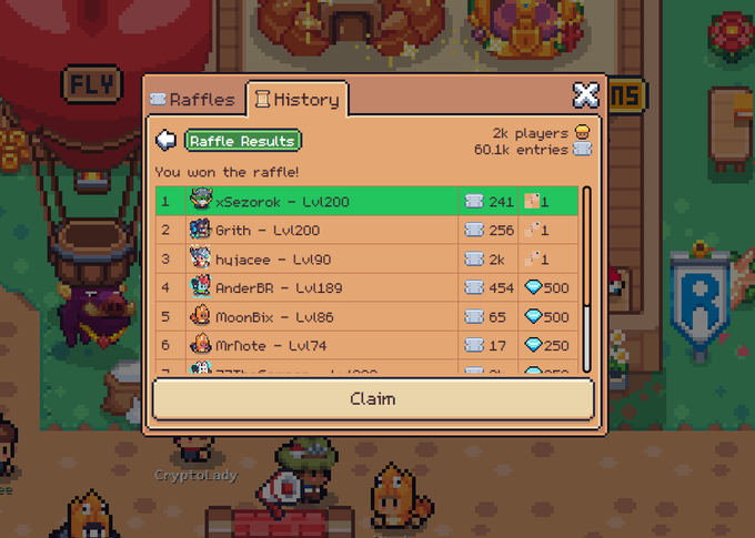 A pixel-art game screen displays a "Raffle Results" window with 2k players and 60.1k entries, showing "You won the raffle!" in 1st place as xSezorok - Lvl200 with 241 tickets, featuring a Claim button below.