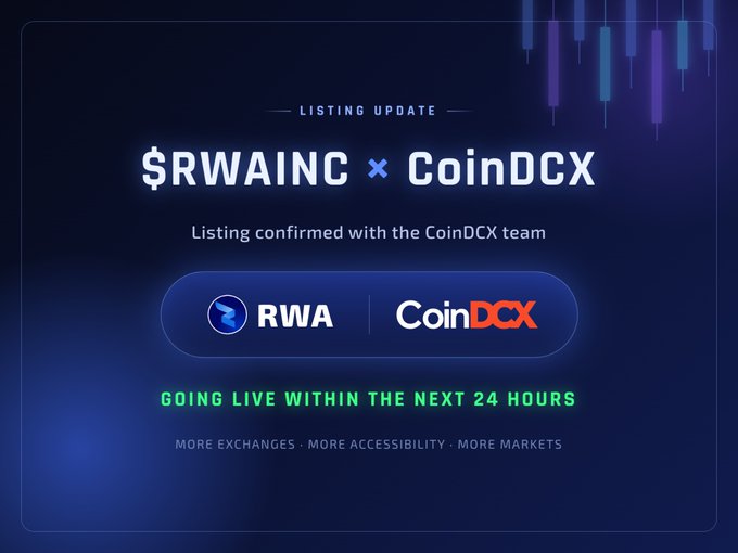 A blue-toned cryptocurrency listing announcement for '$RWAINC' on 'CoinDCX', stating 'GOING LIVE WITHIN THE NEXT 24 HOURS' alongside RWA Inc. logos.