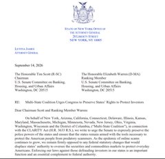 A formal letter on State of New York Office of the Attorney General letterhead dated September 14, 2026, addressed to 'The Honorable Lisa Scott (S/C)' regarding The Honorable Elizabeth Warren (D-MA), with multiple letter recipients listed and a request for extension of time.