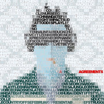 A high-contrast, poster-like graphic forms four human silhouettes from dense clouds of words and names in black, white, and pale blue, with the red label “AGREE(M)ENTS” visible on the right. The accumulation of textual identities and the post’s line “Four identities. Thousands of words. The system sees faces. We see resistance.” frame the figures as resistance to systems of recognition and classification.