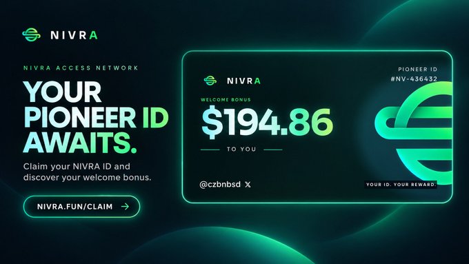 A dark green promotional graphic for “NIVRA ACCESS NETWORK” advertises a Pioneer ID and welcome bonus, featuring a digital card displaying “WELCOME BONUS $194.86 TO YOU,” “PIONEER ID #NV-436432,” and the handle “@czbnb,” alongside the text “YOUR PIONEER ID AWAITS.” and the call-to-action “NIVRA.FUN/CLAIM”; it serves as the visual for a post offering a “$10 $SOL GIVEAWAY” in exchange for liking, retweeting, quote-tweeting, and interacting.
