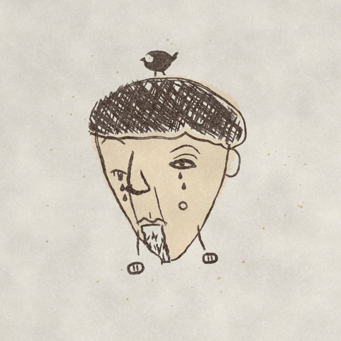 A hand-drawn sketch on aged paper depicts a melancholic face with a cap of cross-hatched hair, tears streaming from the eyes, and a small black bird perched on top of the head.