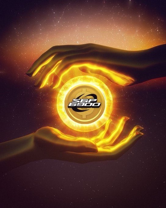 A glowing yellow logo with "SGD" text is held between two illuminated hands against a starry orange and dark purple space background.