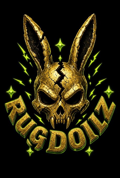 A graphic design featuring a golden, weathered rabbit skull with glowing green star accents and the text 'RUGDOLL' on a black background.