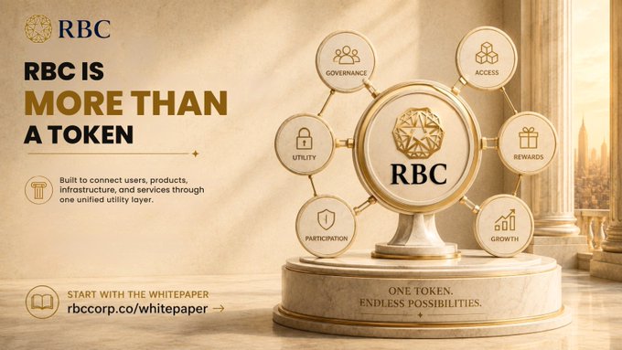 A promotional banner for 'RBC' token with the text 'RBC IS MORE THAN A TOKEN' and 'ONE TOKEN. ENDLESS POSSIBILITIES.' along with 'rbccorp/whitepaper'.