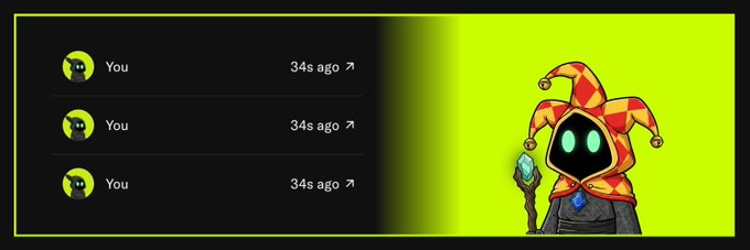 A green-themed graphic shows three "You" notifications timestamped "34s ago" on the left, while a hooded jester character holding a glowing blue crystal staff appears on the right, visually promoting the new "Hoopoe" NFT collection mentioned in the post's OpenSea link.