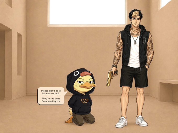 An illustration shows a tattooed man holding a gold gun while a kneeling duck in a black hoodie says "Please don't do it It's not my fault They're the ones Commanding me".