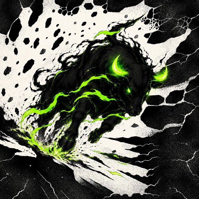 A dynamic digital artwork of a muscular black bull with glowing green horns and green energy tendrils, charging forward against a black and white cracked background.