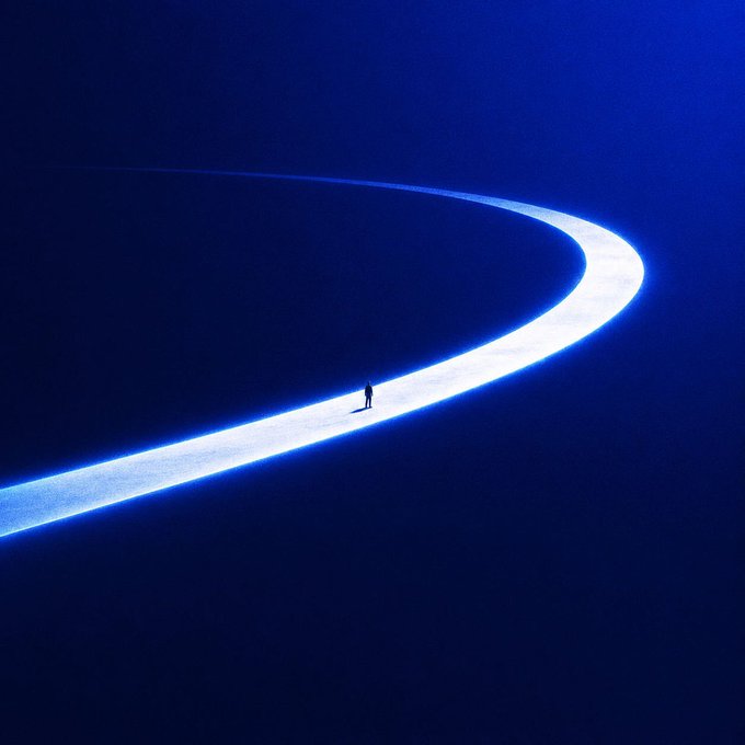 A lone figure stands on a glowing, crescent-shaped path of light stretching into a deep blue void, embodying the theme of a "clear path" leading toward "bigger possibilities." The luminous trail symbolizes direction and potential, with the solitary traveler suggesting a journey toward an open, undefined future.