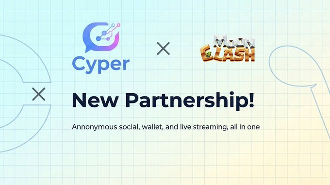 The image features a banner with two logos for Cyper and MoonClash. The text "New Partnership!" is written above the logos, indicating that there is a new partnership between these two companies. The background of the image has a light blue color, which complements the white text on the banner. The text also mentions that this partnership involves "Anonymous social, wallet and live streaming, all in one".