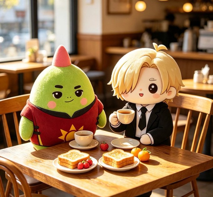 A chibi-style cartoon character with blonde hair enjoys a meal with toast, coffee, and fruit alongside a green, round creature in a cozy cafe setting.