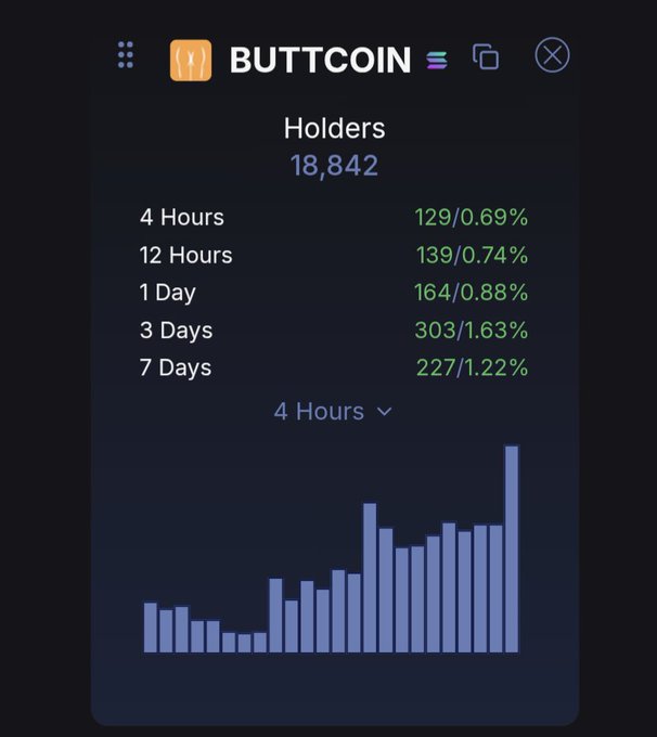 A dark-themed cryptocurrency tracker widget for "BUTTCOIN" (on Solana) showing 18,842 holders, with statistics over various timeframes (4 Hours: 129/0.69%, 12 Hours: 139/0.74%, 1 Day: 164/0.88%, etc.) and a bar chart trending upward.