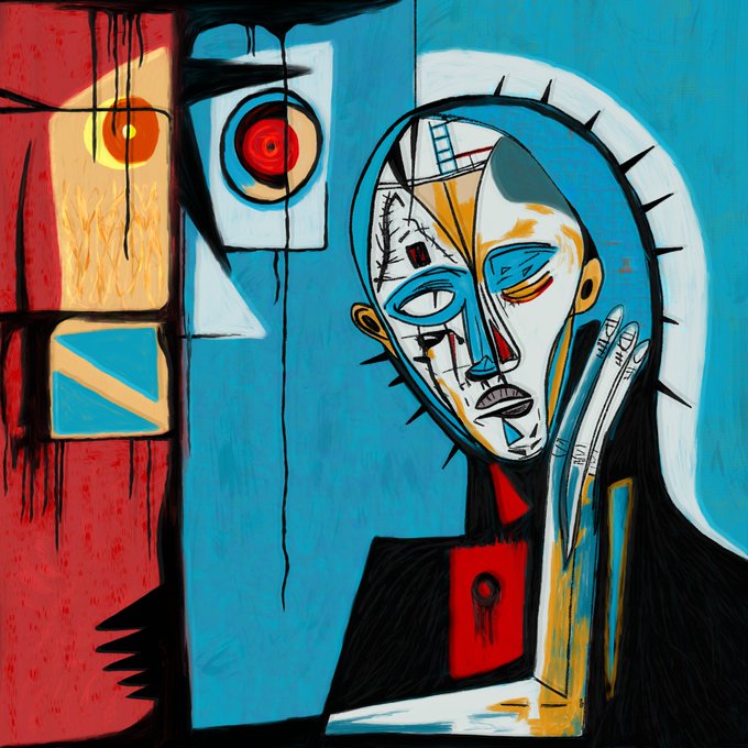 A colorful, abstract painting reminiscent of cubist style featuring distorted facial features in blue, red, yellow, and black.