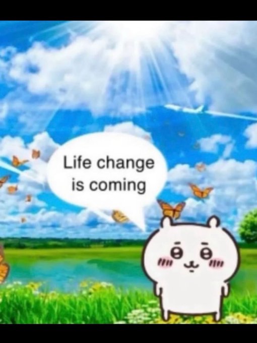 A cartoon-style image of a cute white cat-like character with the speech bubble 'Life change is coming' set against a bright sky and meadow background with butterflies.