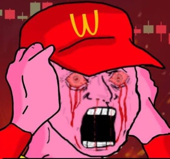 A distressed cartoon illustration of a pink-skinned figure wearing a red McDonald's cap, with blood streaming from their eyes and mouth wide open in a scream.