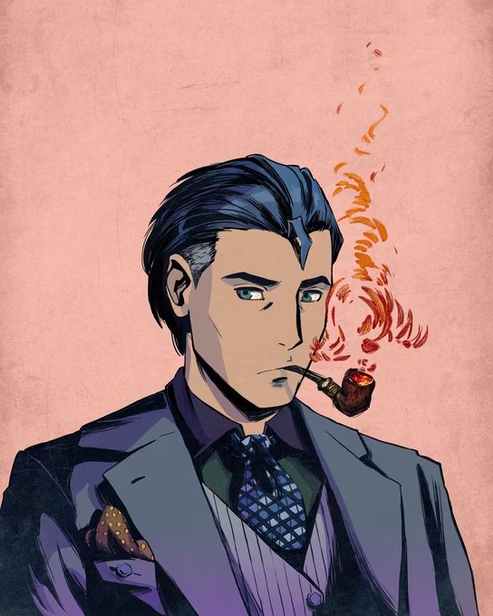Stylized illustration of a distinguished gentleman with slicked-back dark hair, wearing a purple suit with a patterned tie, smoking a wooden pipe against a textured pink background.