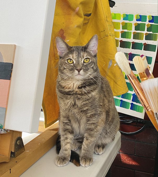A tabby cat with bright yellow eyes sitting on a white stool in an art studio, surrounded by a yellow apron, paintbrushes, and a canvas with a green color swatch chart.