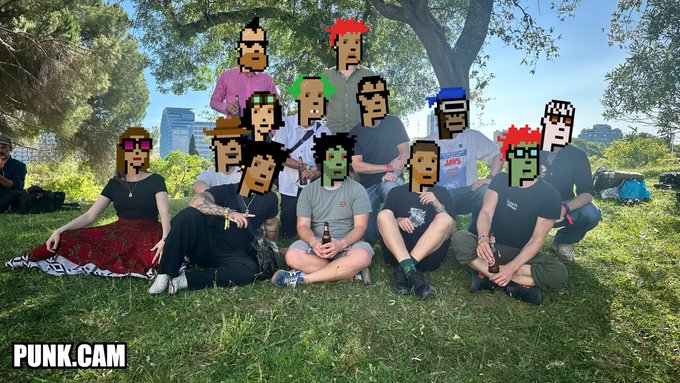 A group photo of people sitting on grass in a park with pixel art face filters overlaid on them, watermarked with 'PUNK.CAM' in the corner.