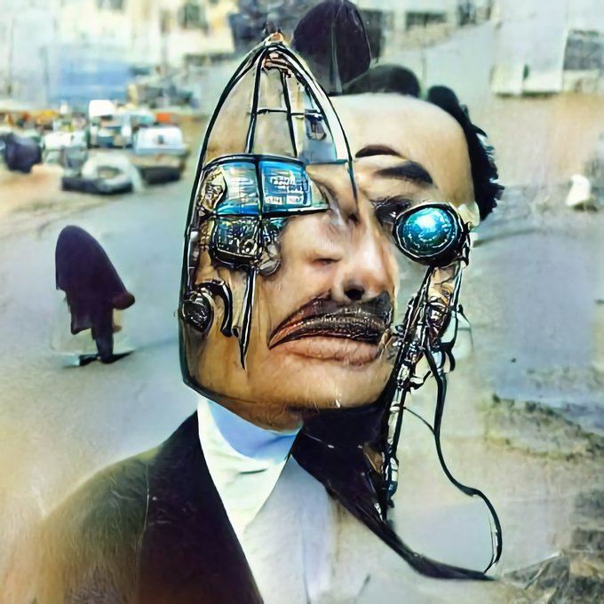 A surreal digital collage shows a man's face split between his natural appearance on the right and a metallic, robotic interior on the left, set against a blurred urban background.