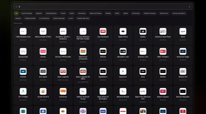A grid of 200+ brand logos and categories (Food & dining, Apparel, Entertainment, etc.) is shown, each with associated dollar value ranges like "$10-$500" or "$50-$500," illustrating the broad merchant acceptance for a privacy-focused card product. The chart visually supports the post's bullish narrative by showcasing the extensive and growing list of retailers—from "1-800-Flowers.com" and "Abercrombie & Fitch" to "AMC Theatres" and "American Eagle"—where the card can be used for private, frictionless payments.