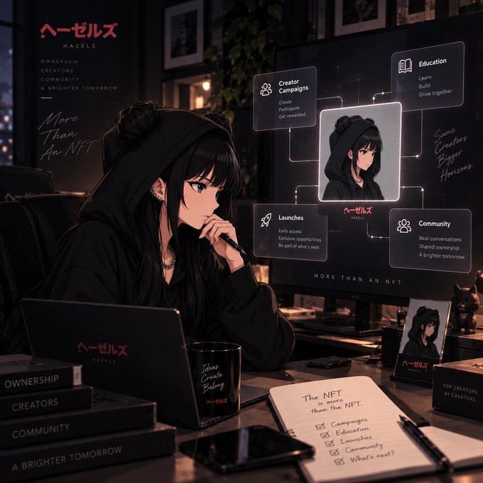 An anime-style illustration of a girl in a black hoodie at a desk with a laptop displaying "HAZELS" branding and various NFT project elements like Creator Campaigns, Education, Launches, and Community.