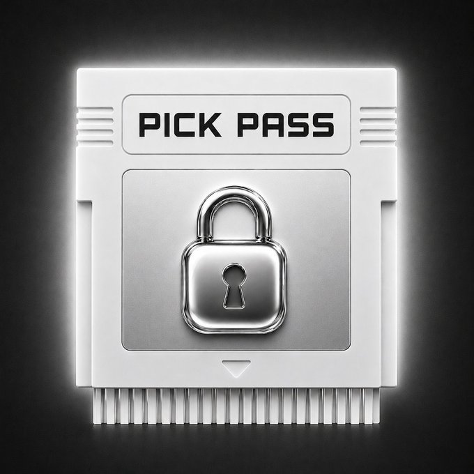 A digital graphic displays a metallic padlock icon on a white square device labeled 'PICK PASS' against a dark background.
