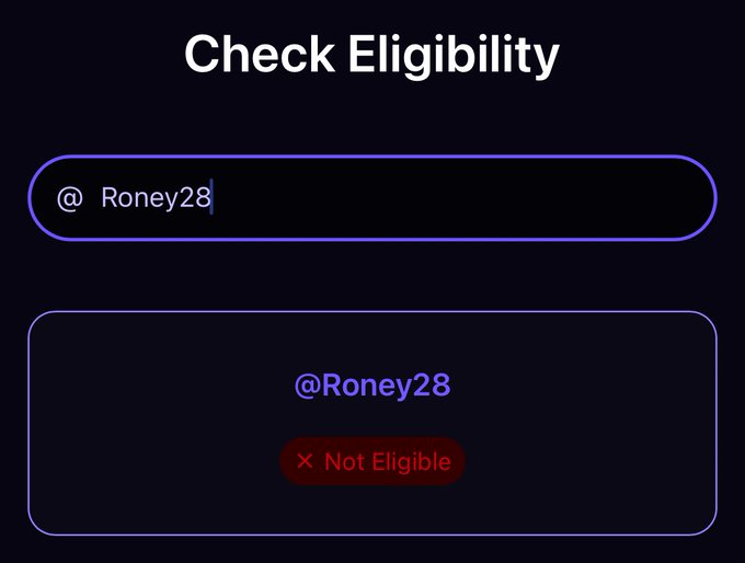 A 'Check Eligibility' interface where the username 'Roney28' is entered, resulting in a red 'Not Eligible' status.