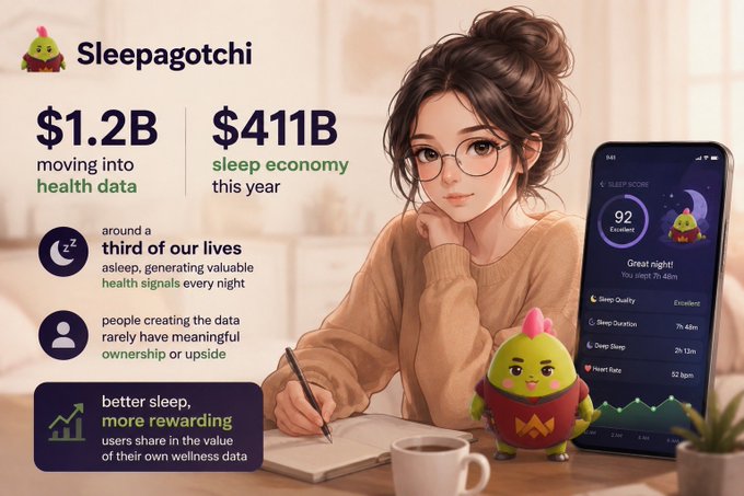 An advertisement for Sleepagotchi showing an anime-style woman with glasses at a desk alongside a green dinosaur-like mascot, promoting $1.2B moving into health data and a $411B sleep economy, with a phone displaying a sleep score of 92.