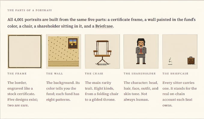 An infographic titled "THE PARTS OF A PORTRAIT" showing how all 4,001 portraits are built from five parts: The Frame, The Wall, The Chair, The Shareholder, and The Briefcase.