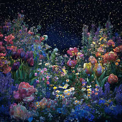 The image features a painting of flowers with purple, pink, yellow, and white colors against a dark background that resembles a starry night sky. The artist has used a unique style for this piece, which makes it stand out from other paintings. The painting is worth 0.2 ETH (€0.61) as an auction item on the internet.