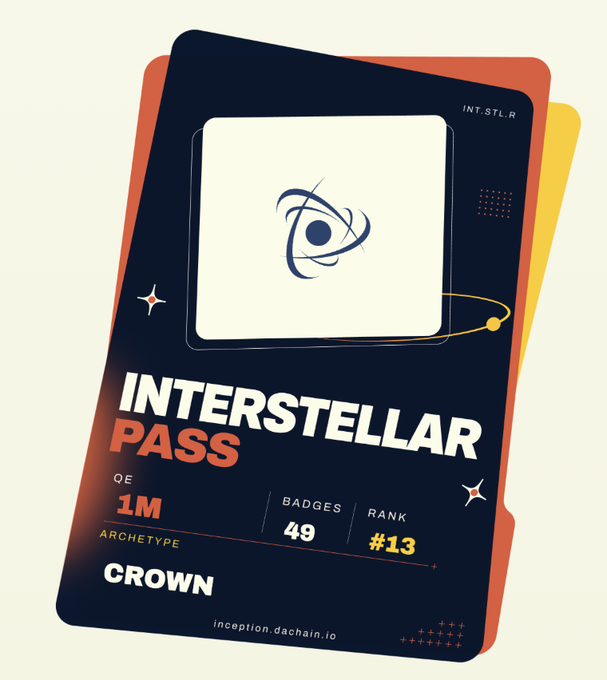 A digital collectible "Interstellar Pass" card displaying 1M QE, 49 badges, Rank #13 with CROWN archetype from inception.dachain.io, matching the user's Inception Wrapped stats from @dac_chain.