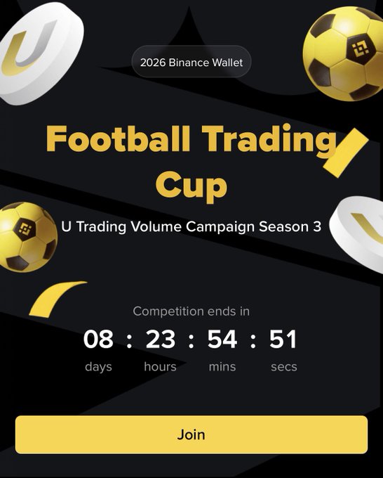 A promotional banner for the "Football Trading Cup" U Trading Volume Campaign Season 3, featuring a Binance Wallet countdown showing 08 days, 23 hours, 53 minutes, and 51 seconds remaining until competition ends, with a yellow "Join" button. The image reinforces the post's urgency about the 8 days left until the World Cup final and the limited time remaining to participate in the Binance trading competition with its 20wu prize pool.