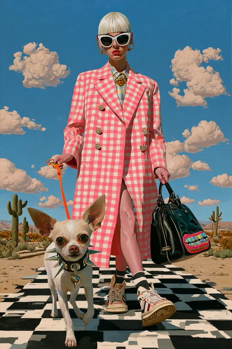 A stylized digital painting shows a woman in a pink gingham coat and sunglasses walking a chihuahua on a checkered path through a desert landscape with cacti and clouds.