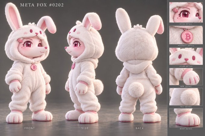 A product showcase labeled 'META FOX #0202' displaying a pink and white rabbit-themed furry character costume from front, side, and back views, with detail close-ups of the head, pendant, hood, paws, tail, and boots.