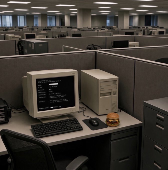 A retro office cubicle scene featuring an old beige CRT monitor displaying a text-based job listing, alongside a keyboard, mouse, filing cabinets, and a hamburger sitting on the desk.