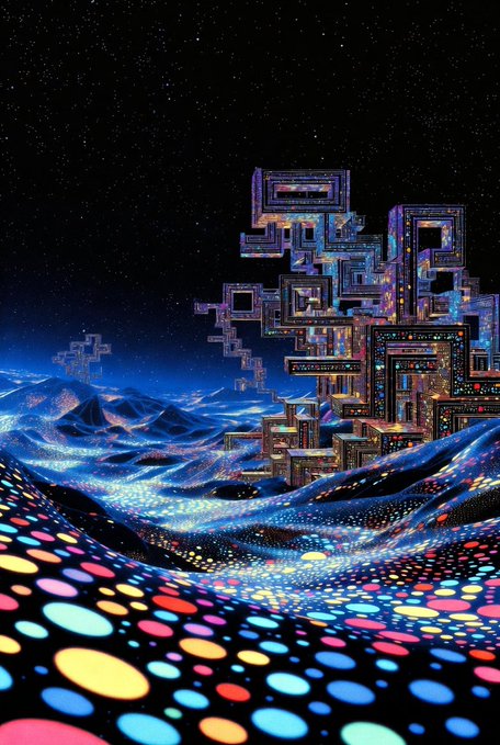 A surreal digital art piece featuring a glowing geometric structure floating above a vibrant, dotted landscape under a starry night sky.