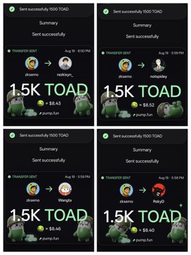 Four screenshots of TOAD cryptocurrency transfer confirmations on a mobile app, each showing 'Sent successfully 1500 TOAD' with frog mascots and 1.5K TOAD amounts.