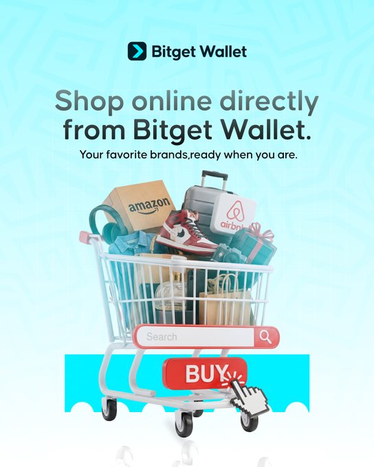 A promotional graphic for Bitget Wallet with the tagline 'Shop online directly from Bitget Wallet. Your favorite brands, ready when you are,' featuring an illustration of a shopping cart filled with brand packages like Amazon and Airbnb.