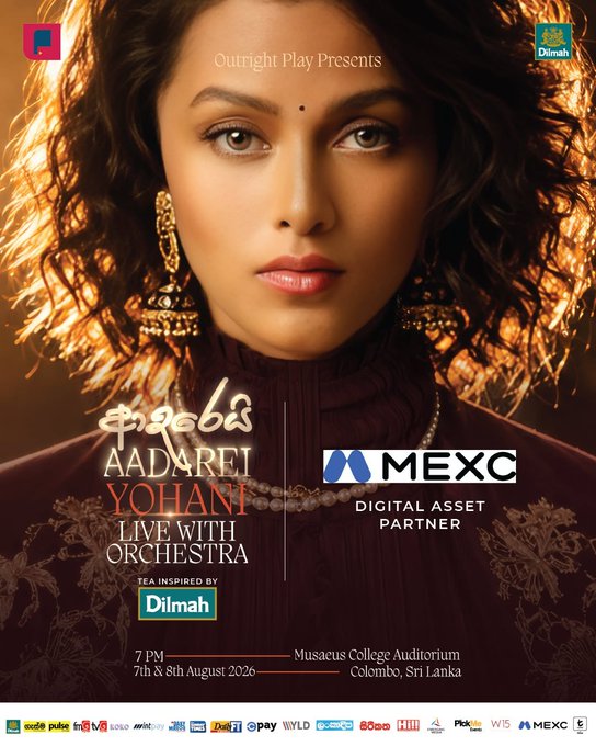 A concert poster for 'Aadarei Yohani LIVE WITH ORCHESTRA' presented by Outright Play on 7th & 8th August 2026 at Musaeus College Auditorium, Colombo, Sri Lanka, featuring MEXC as Digital Asset Partner and Dilmah tea sponsorship.