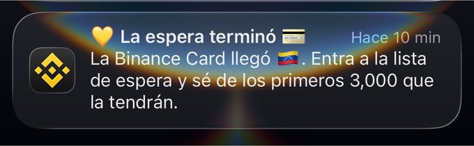 A Telegram notification from Binance announces that the waitlist for the Binance Card is now open in Venezuela, with only 3,000 users selected to receive the card first. The message includes a credit card emoji, the Venezuelan flag, and timestamps the update from 10 minutes ago.