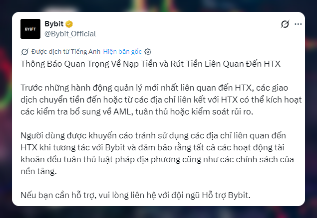 Tweet from Bybit (@Bybit_Official) in Vietnamese titled 'Thông Báo Quan Trọng Về Nạp Tiền và Rút Tiền Liên Quan đến HTX' warning users about potential AML compliance checks on deposits and withdrawals related to HTX addresses.