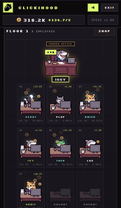 Screenshot of the idle game 'CLICKIHOOD' showing Floor 1 with pixel-art employee cats including Iggy, Sooty, Plop, and Knice working at desks.